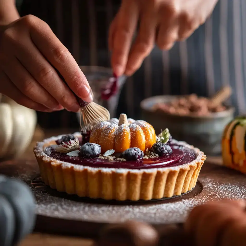 person decorating a tart with pumpkin decoration and berries on top