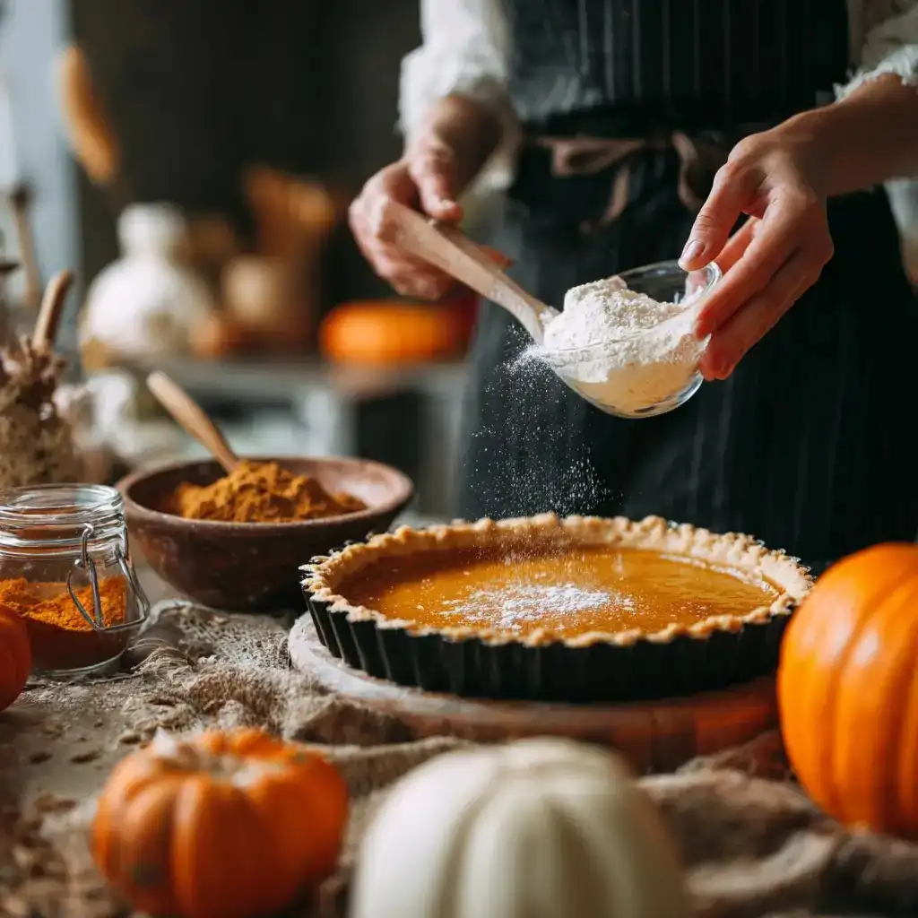 person dusting flour over a pumpkin tart surrounded by fall baking ingredients