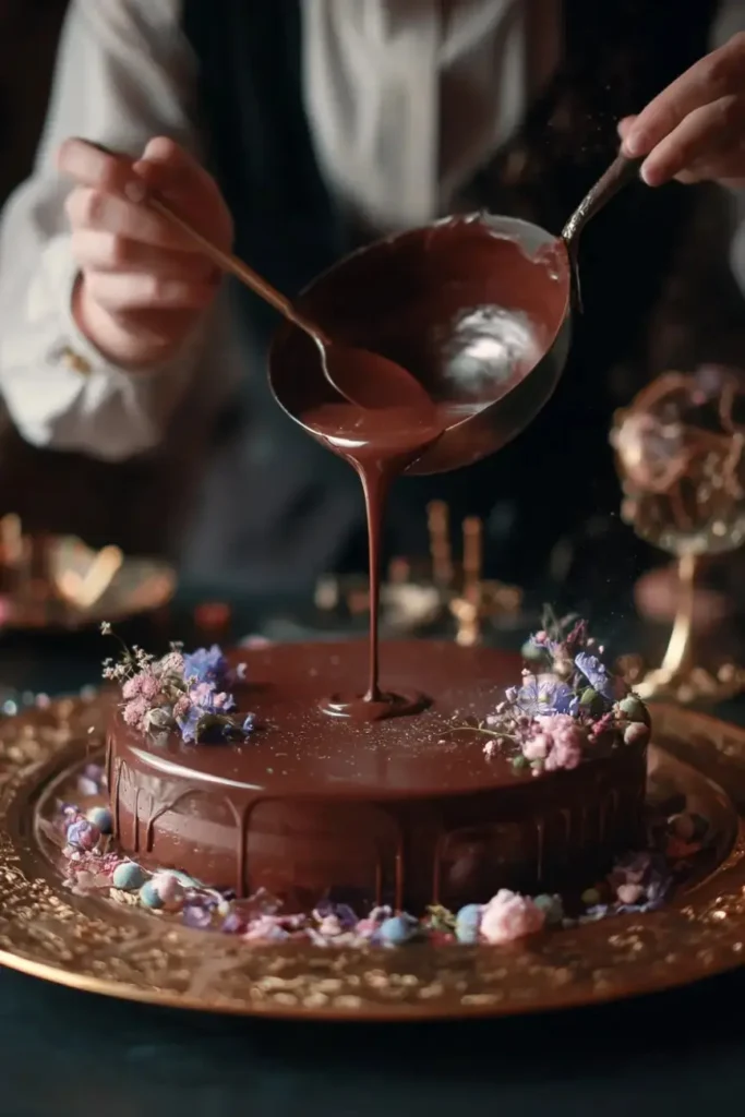 Pouring chocolate ganache over a freshly baked cake.