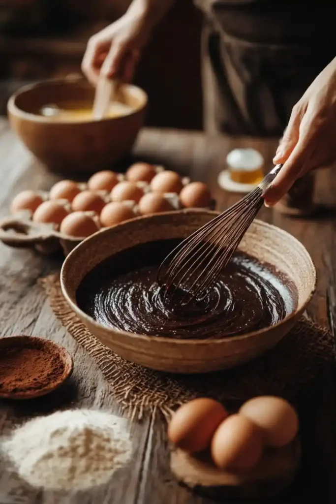 Mixing chocolate cake batter in a rustic wooden bowl with eggs and cocoa powder nearby.