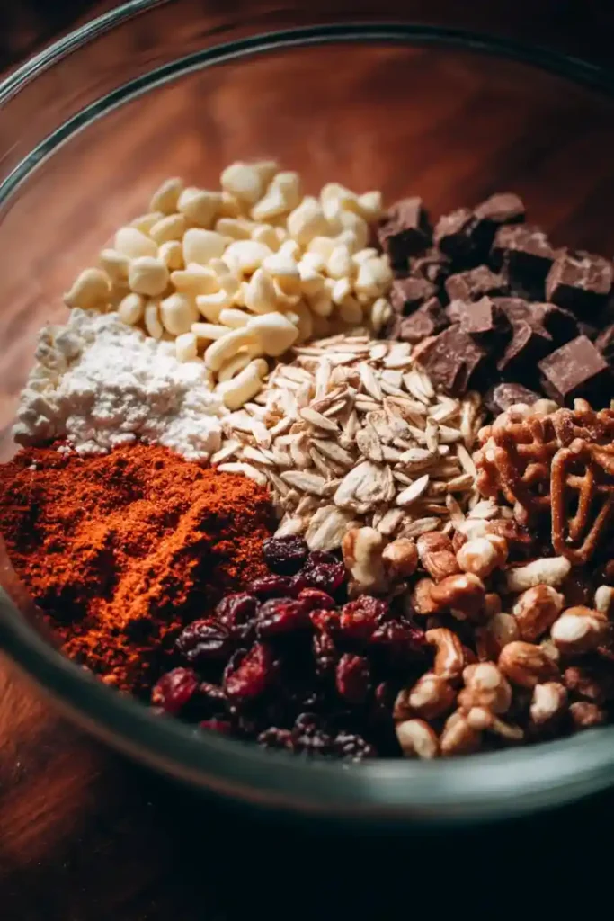 Glass bowl filled with trail mix ingredients chocolate chunks, nuts, cranberries, pretzels, and spices ready to mix.