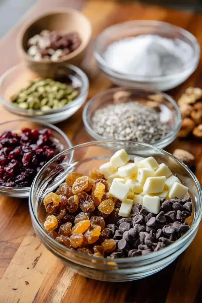 Glass bowls with trail mix ingredients including raisins, chocolate chips, white chocolate chunks, and seeds on a wooden surface.