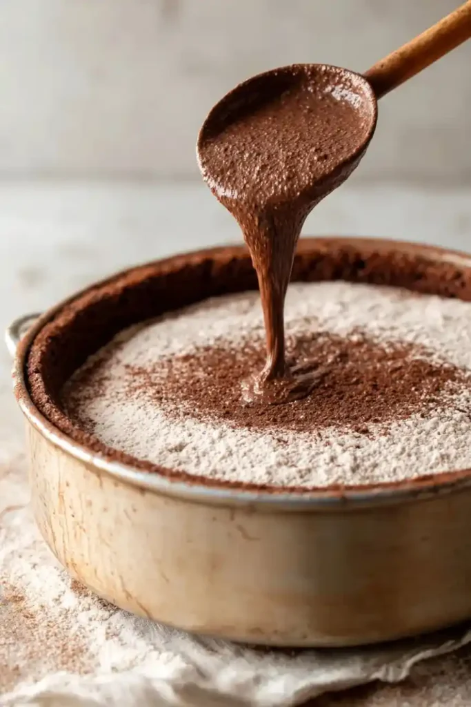 Wooden spoon pouring chocolate cake batter into a round baking pan dusted with cocoa powder.