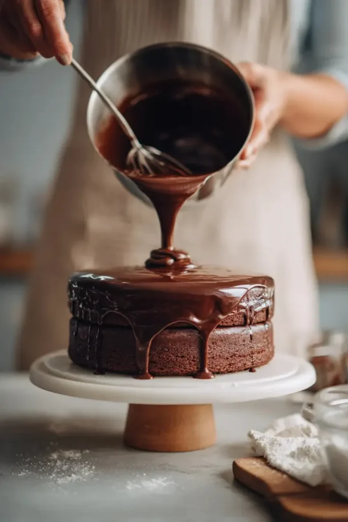 Person pouring glossy chocolate ganache over a freshly baked chocolate layer cake on a stand.
