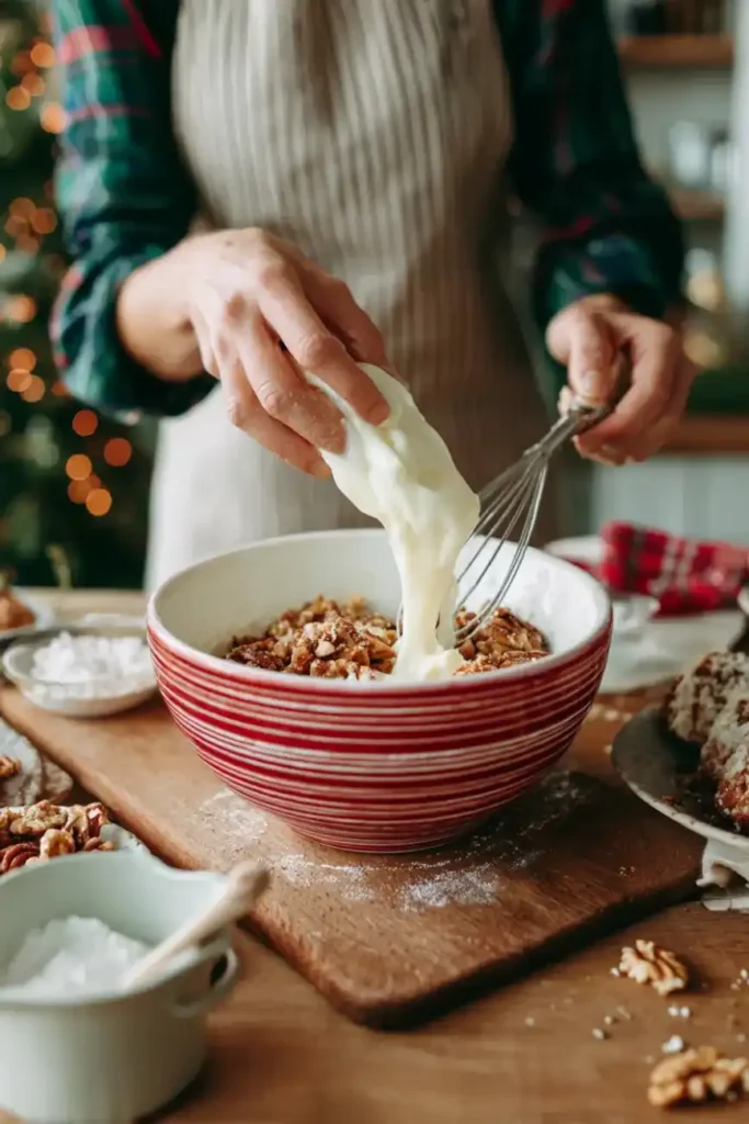 Baker pouring creamy batter into a red-striped bowl with nuts for mini Christmas cakes.