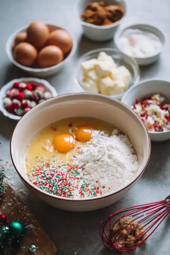 Mixing bowl with eggs, flour, butter, and colorful Christmas sprinkles.