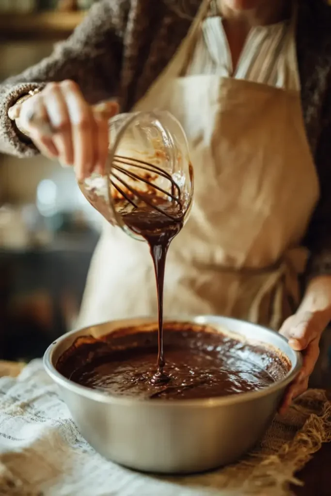 Baker whisking smooth chocolate batter in a metal bowl.