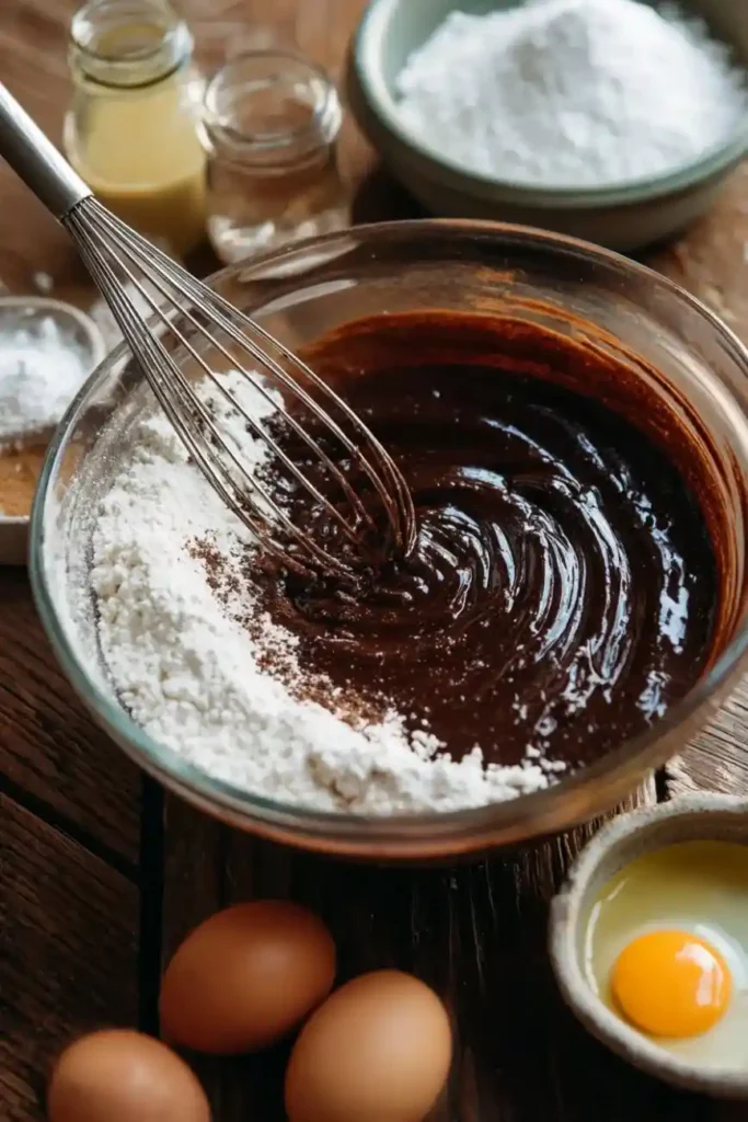 Whisk mixing flour into chocolate cake batter in a glass bowl.
