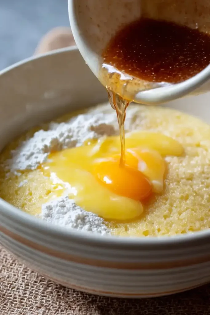 Pouring melted butter and brown sugar syrup into cake batter with eggs and flour.