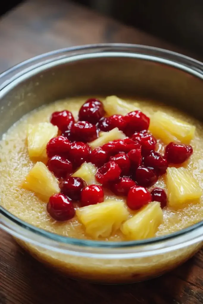 Cherries and pineapple pieces layered in batter before baking pineapple upside-down cake.