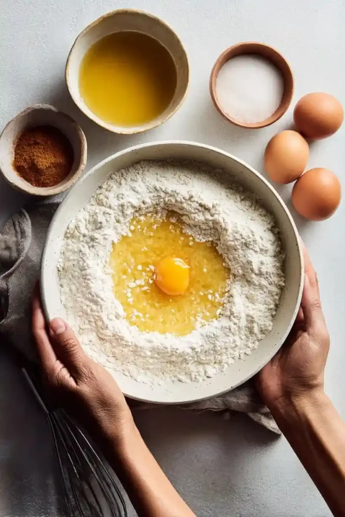 Hands mixing flour, egg, melted butter, and sugar in a bowl for pineapple upside-down cake.