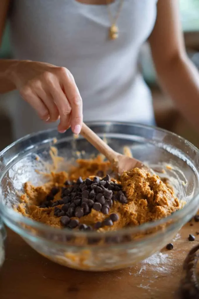 Close-up of mixing chocolate chips into pumpkin muffin batter with a wooden spoon.