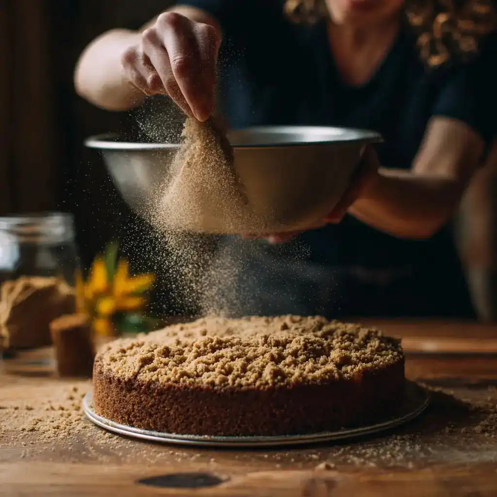 Hands sprinkling brown sugar and cinnamon crumb topping over a pumpkin spice cake on a wooden table.