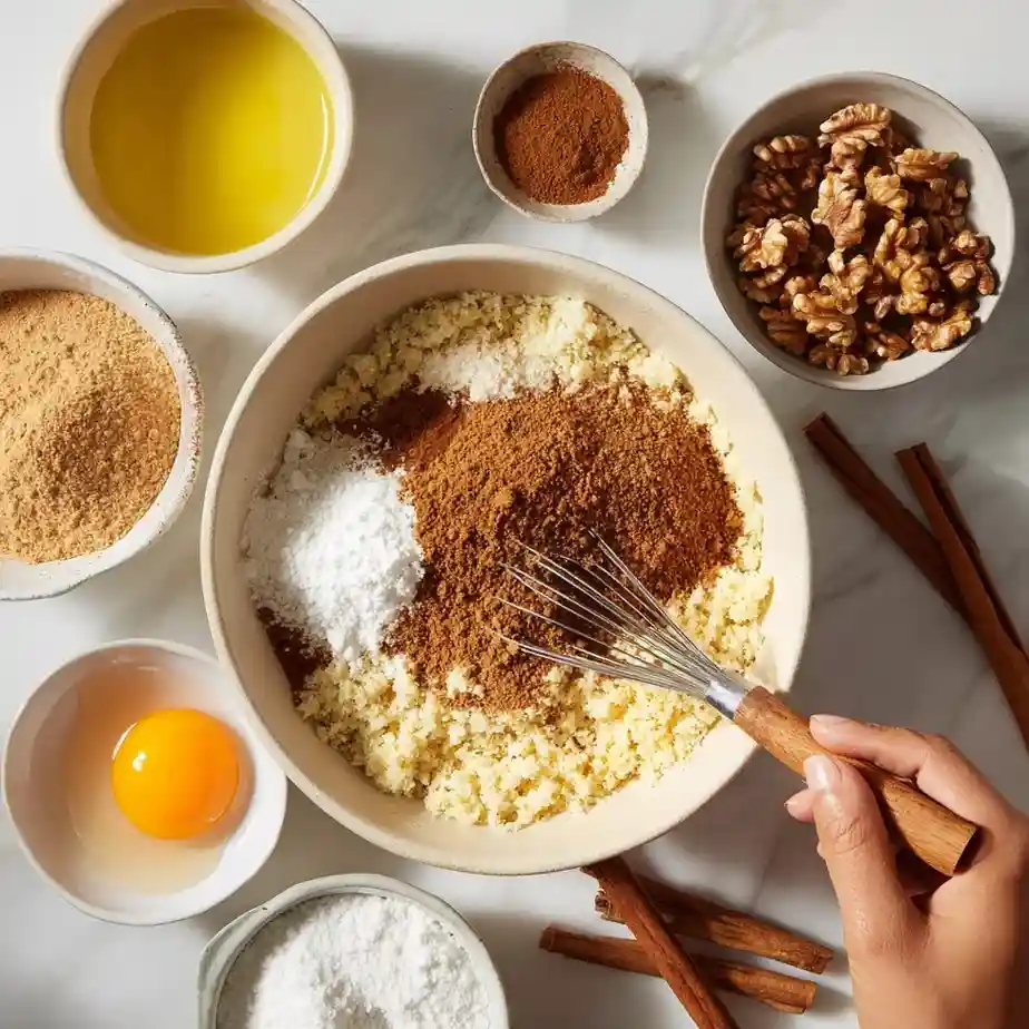 A bowl of pumpkin spice crumb cake batter with flour, cinnamon, and brown sugar being whisked together on a marble counter.