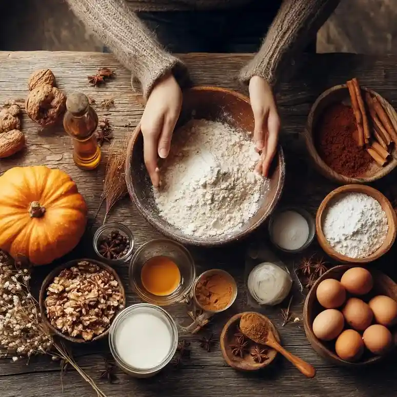 Hands mixing flour surrounded by pumpkin, eggs, milk, and fall spices on a wooden table.