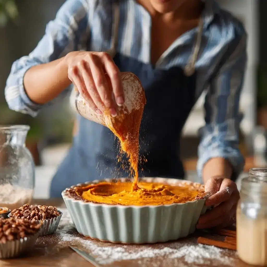 Person pouring spiced pumpkin filling into a pie crust.