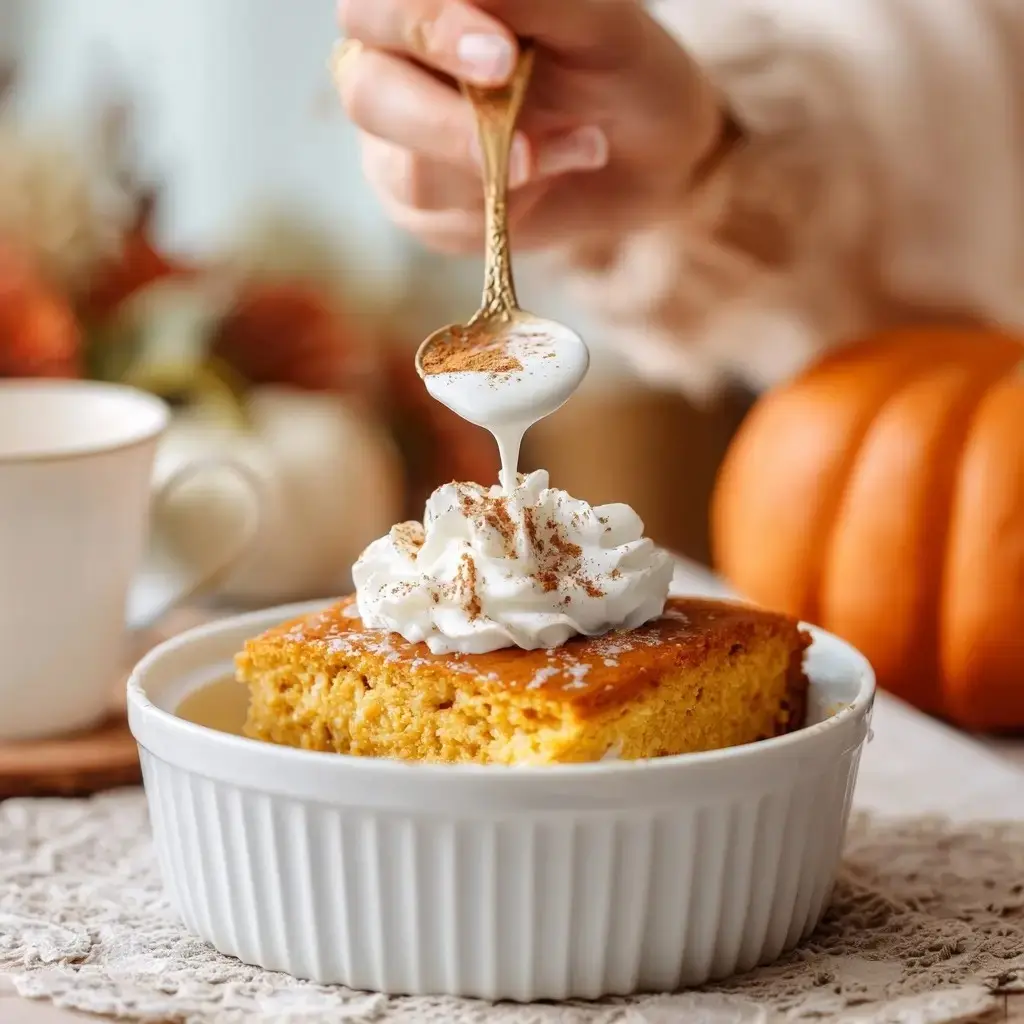 A hand spooning cinnamon over whipped cream on a slice of pumpkin spice poke cake in a white ramekin.