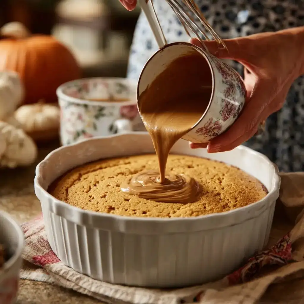 Hands pouring caramel pudding over a freshly baked pumpkin poke cake in a white ceramic dish.