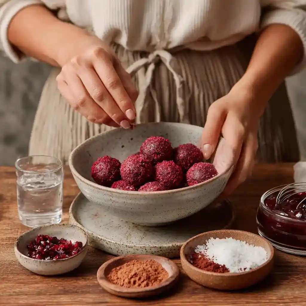 Woman holding a bowl of red velvet truffles coated in crumbs with cocoa, coconut, and toppings on the table.