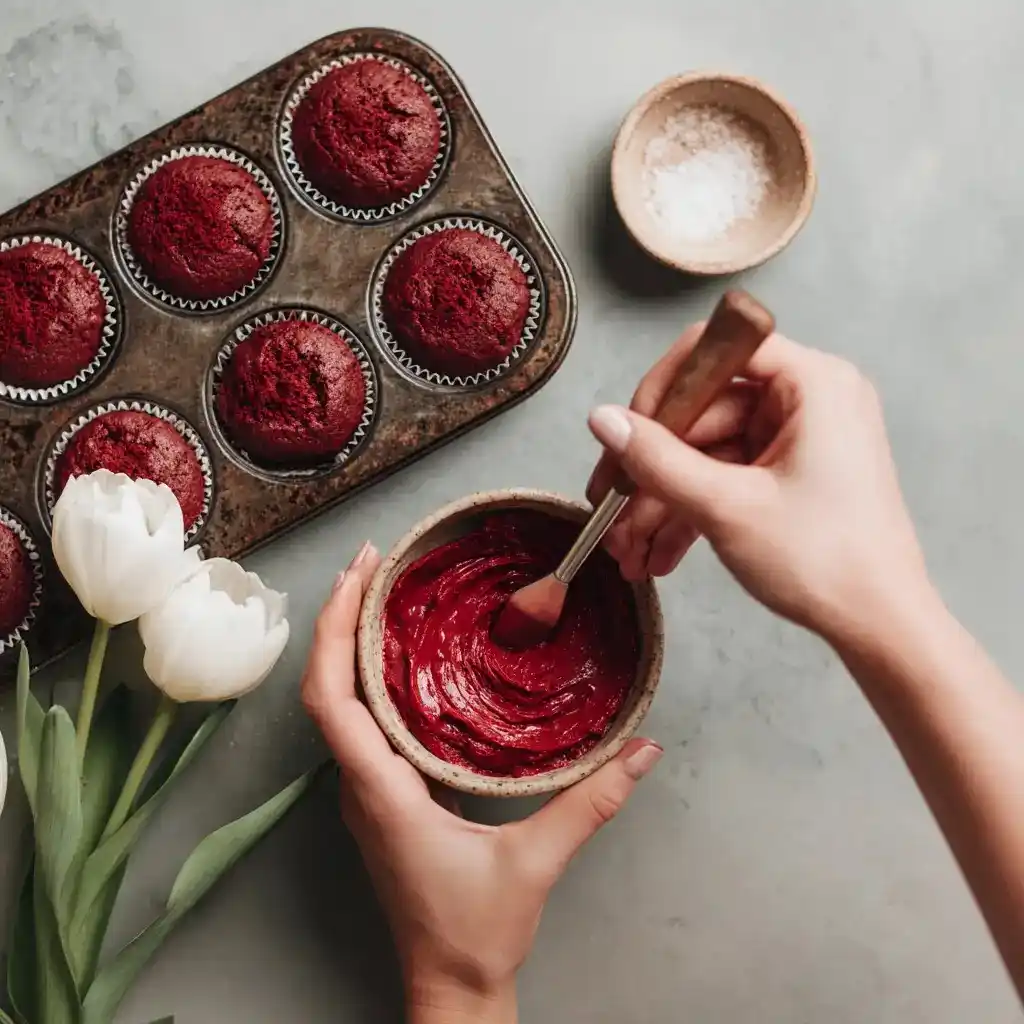 Overhead of red velvet batter being mixed in a bowl with baked red velvet brownie bites in a muffin tray nearby.