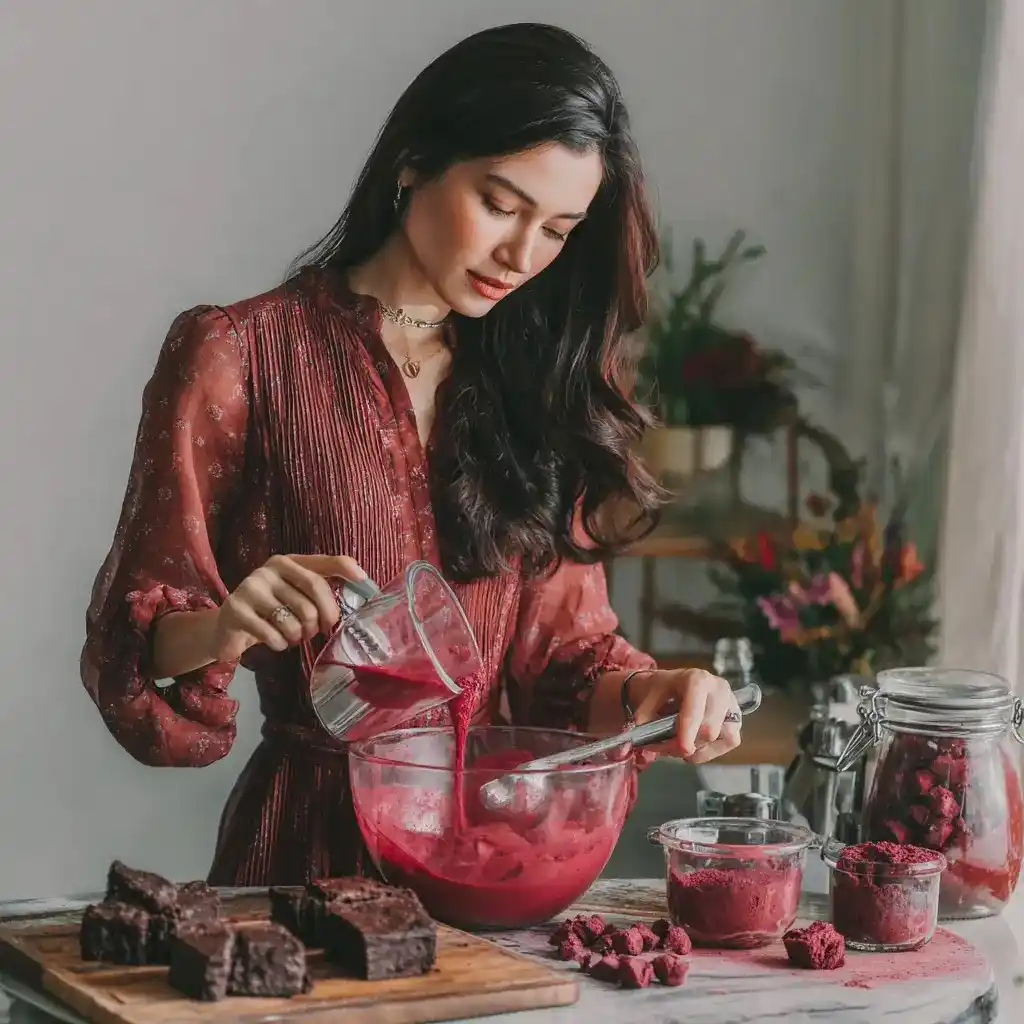 A woman pours red velvet batter into a mixing bowl beside freshly baked brownies on a wooden board.