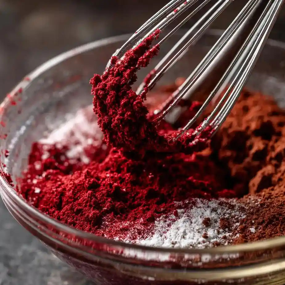 Close-up of whisk mixing red velvet cocoa powder and flour mixture in a glass bowl.