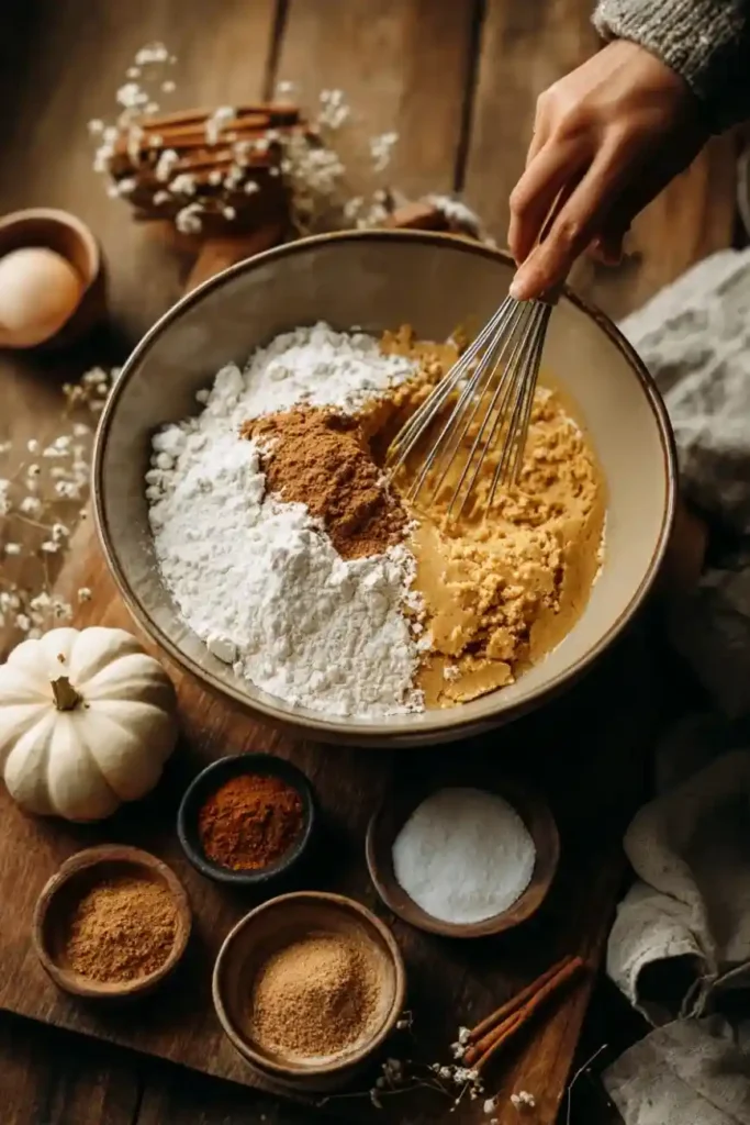 Hand whisking flour, cinnamon, and pumpkin batter together in a rustic bowl with fall spices nearby.