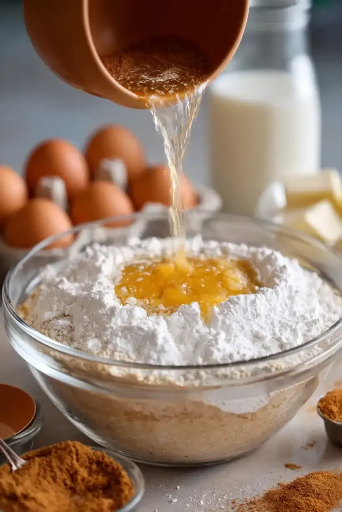 Melted butter being poured into a bowl of flour and cinnamon for Snickerdoodle Pumpkin Bar batter.