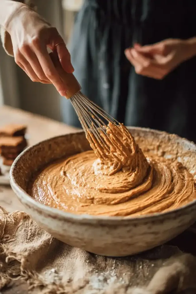 Hand whisking smooth pumpkin batter in a ceramic bowl, ready to bake Snickerdoodle Pumpkin Bars.