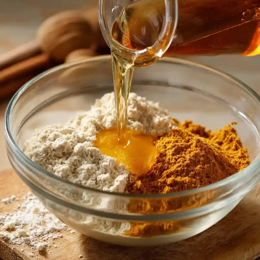 Glass bowl filled with flour, pumpkin puree, and golden syrup being poured in for an easy spice cake mix and pumpkin recipe.