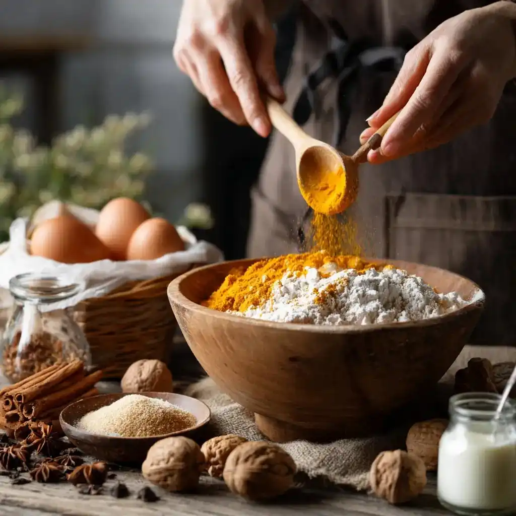 Baker adding pumpkin spice blend to a wooden bowl of flour, surrounded by eggs, walnuts, and cinnamon sticks.
