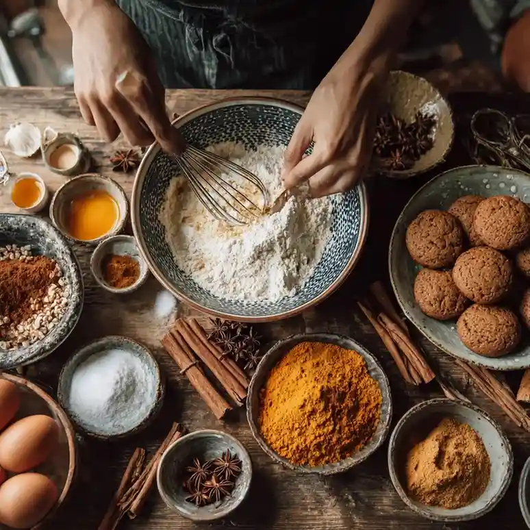 Hands whisking flour and pumpkin spice in a bowl surrounded by eggs, sugar, and cinnamon sticks while making spice cake pumpkin cookies.