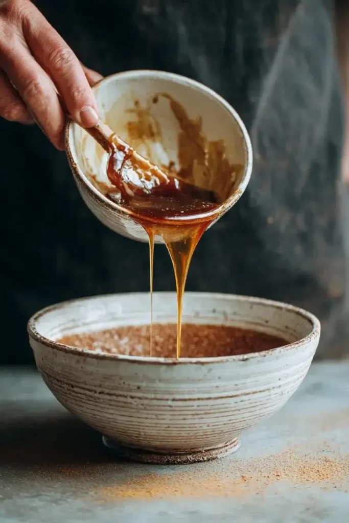 Hand pouring glossy rum syrup into a ceramic bowl for cake glaze.