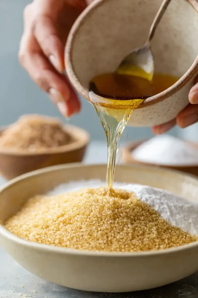 Honey being poured over golden sugar in a bowl during cake preparation.