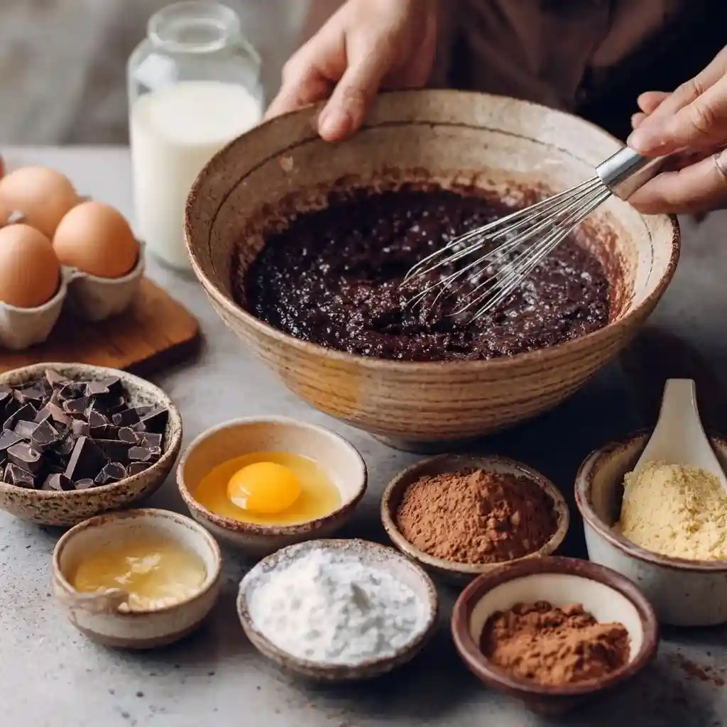 A bowl of rich chocolate batter being whisked by hand, surrounded by eggs, cocoa, sugar, and chocolate chunks on a rustic table.
