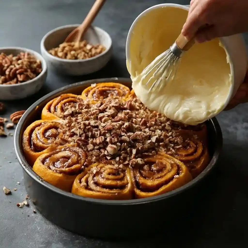 Pouring cream cheese glaze over a pan of sweet potato cinnamon rolls topped with chopped pecans before baking.