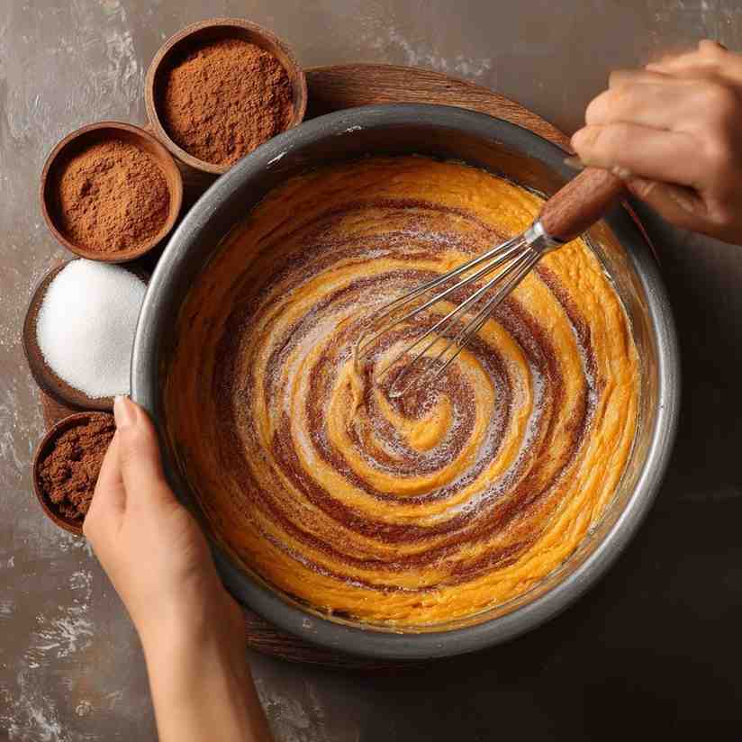 Hands whisking a cinnamon swirl into orange sweet potato batter in a round baking pan, surrounded by spices.