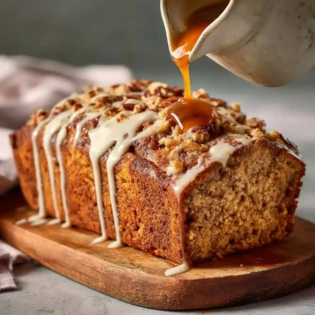Golden loaf of sweet potato coffee cake being drizzled with caramel sauce, topped with chopped pecans and glaze.