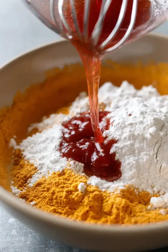 Red syrup being poured over flour and cocoa powder mixture in a mixing bowl.