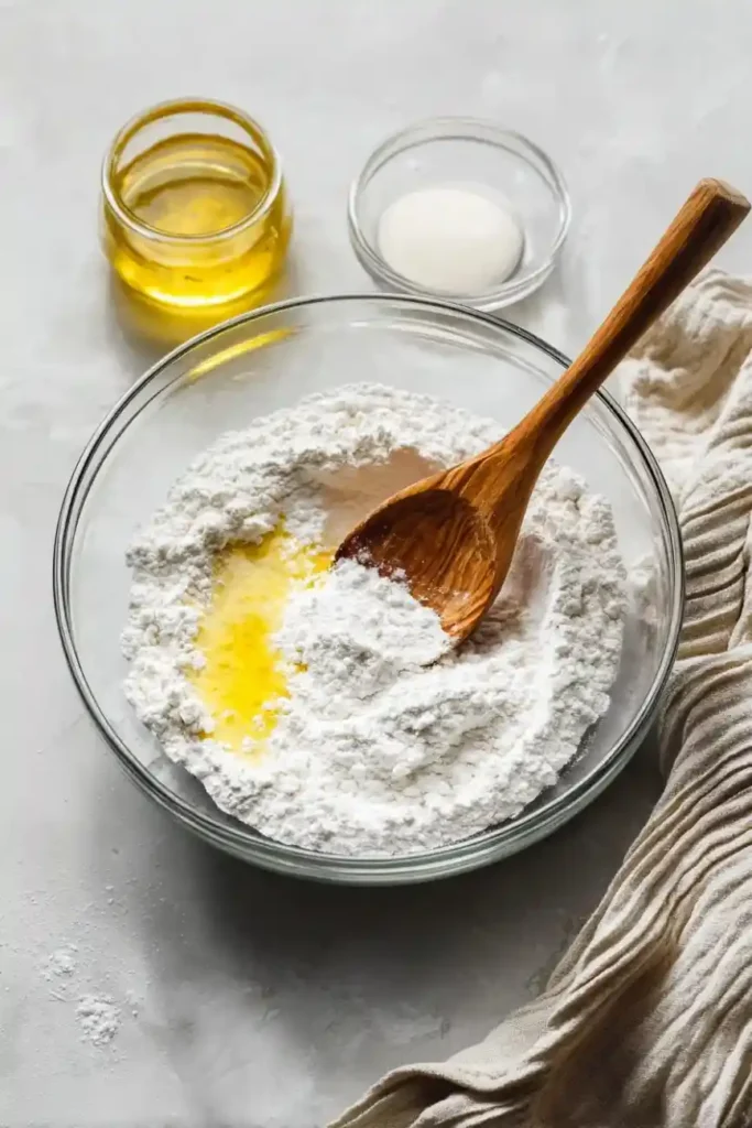 Bowl of flour with melted butter being stirred with a wooden spoon.