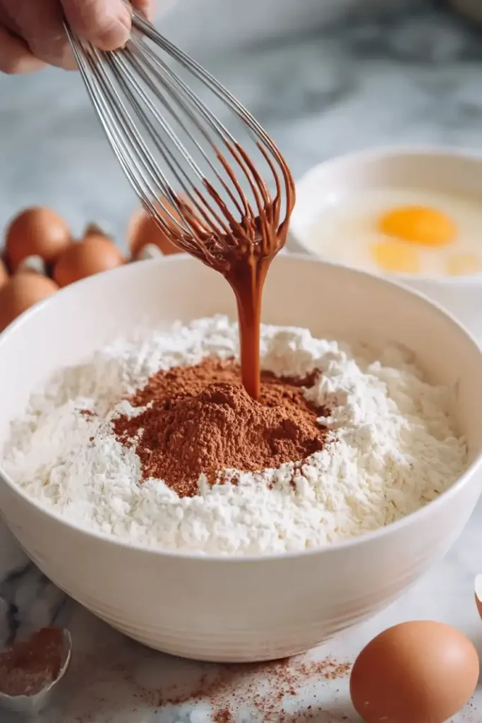 Chocolate mixture being whisked into a bowl of cocoa and flour.