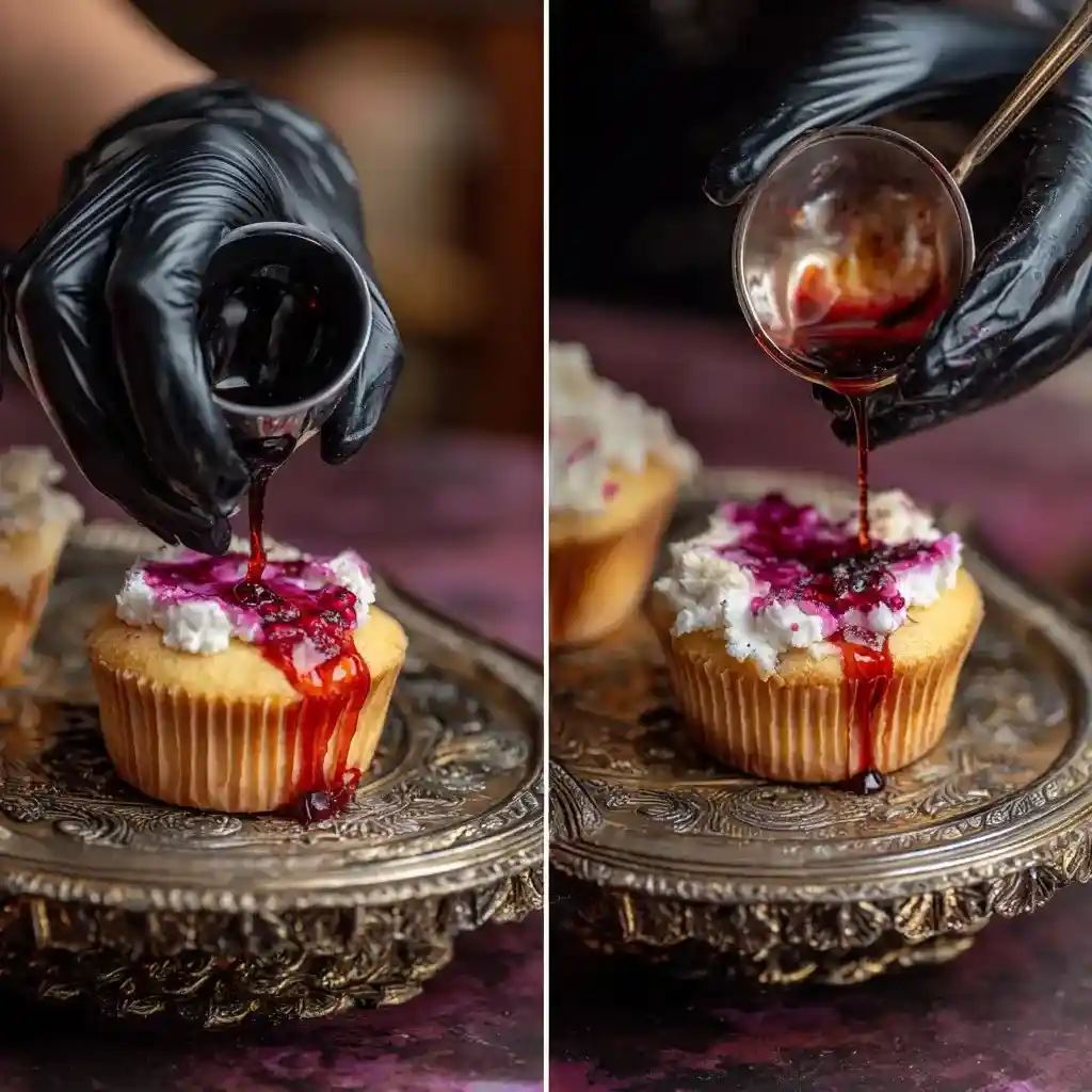 Hand pouring red berry sauce over cupcakes with white frosting for a vampire bite effect.