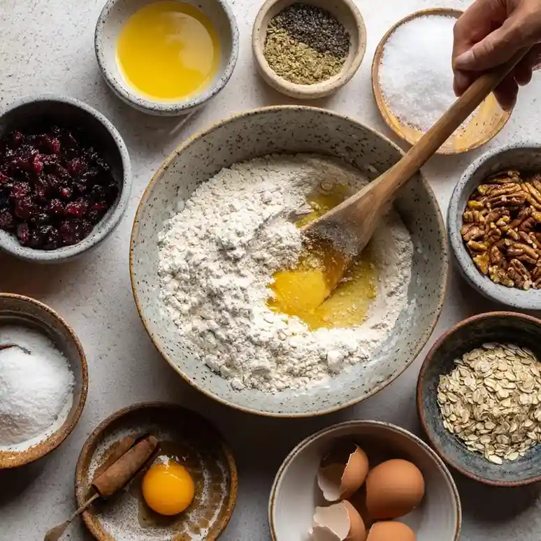 Mixing butter and flour in a bowl while preparing Yule cookie dough surrounded by festive ingredients.