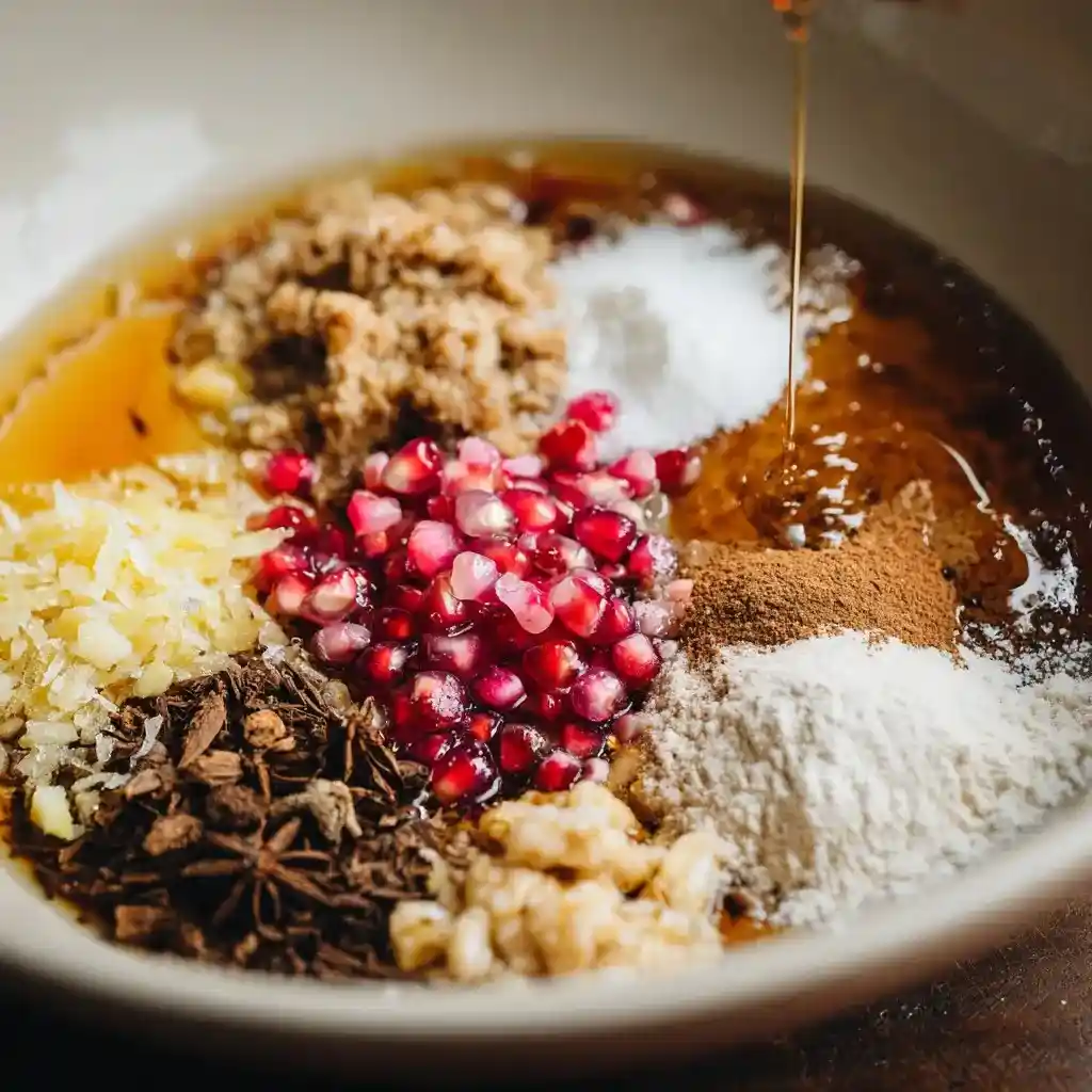 Close-up of cookie dough ingredients including flour, pomegranate seeds, brown sugar, ginger, and spices being mixed with honey.