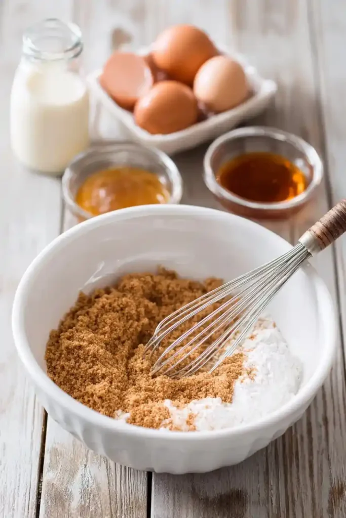 Mixing bowl with brown sugar, flour, eggs, and milk for caramel pound cake batter.