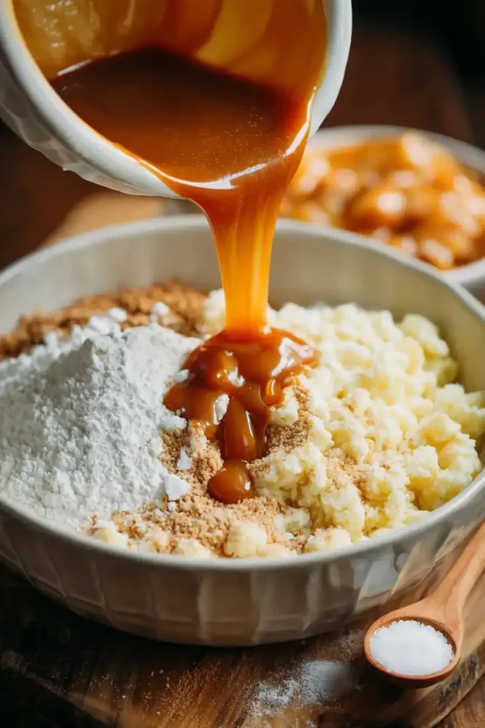 Caramel sauce being poured over sliced apples in a glass baking dish before baking a caramel apple dump cake.