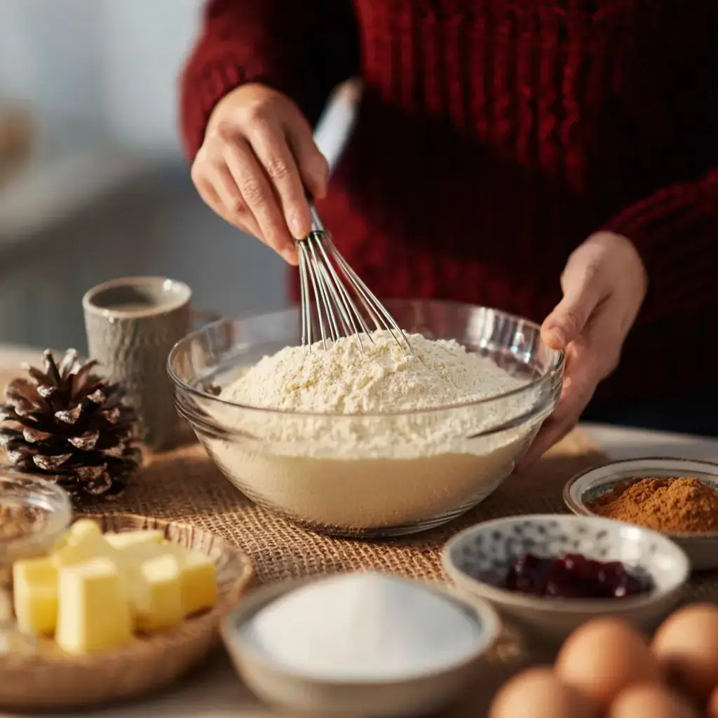 Person whisking flour in a glass bowl surrounded by butter, sugar, and spices for Yule cookies.