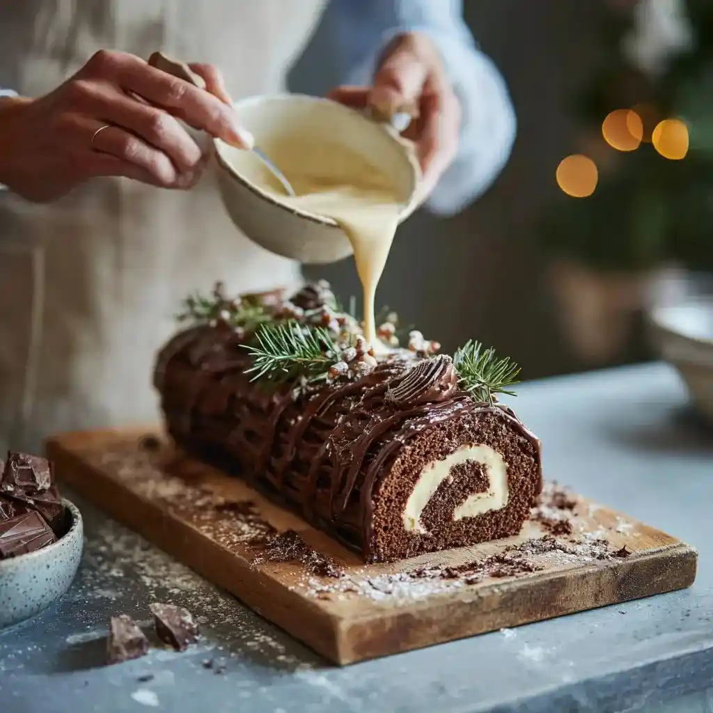 Baker pouring creamy glaze over a decorated Chocolate Yule Log Cake on a wooden board.