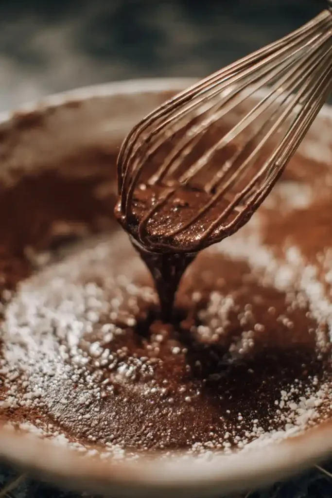Whisk stirring smooth chocolate batter for peppermint mocha cake.