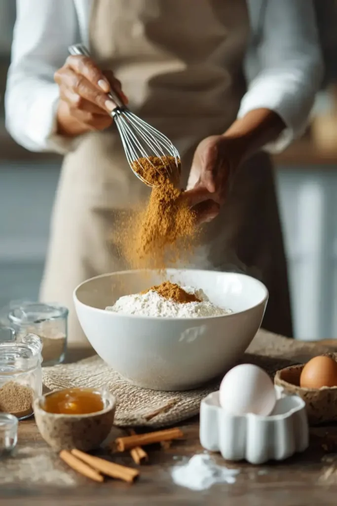 Close-up of a baker adding cinnamon and spices to flour while preparing gingerbread cake batter on a wooden table with eggs and honey.